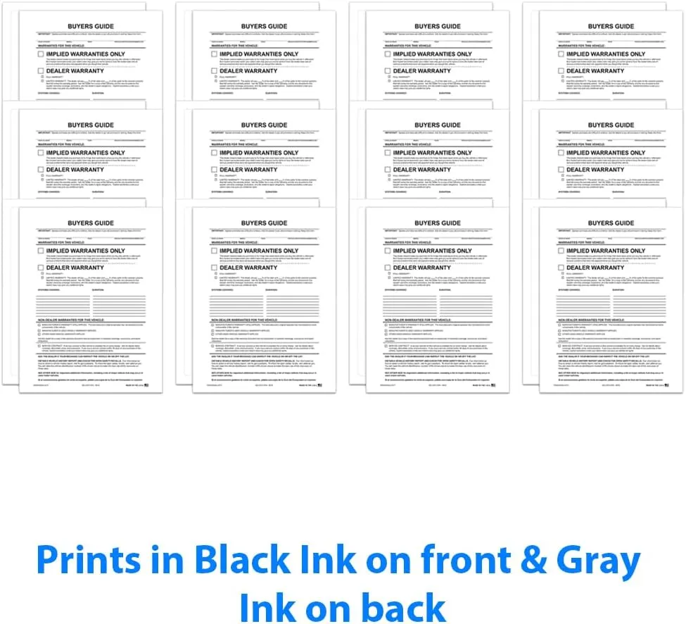Implied Warranty Exterior Buyers Guide for Car Dealerships - 8.5" x 11" 1-Part Weather-Resistant Forms with FTC Regulations - Laser Compatible and Permanent Self-Adhesive on 4 Sides - Pack of 400