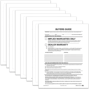 Implied Warranty Exterior Buyers Guide for Car Dealerships - 8.5" x 11" 1-Part Weather-Resistant Forms with FTC Regulations - Laser Compatible and Permanent Self-Adhesive on 4 Sides - Pack of 400