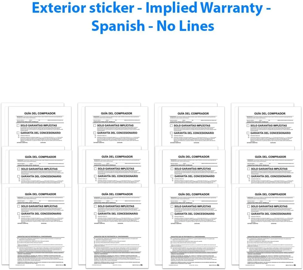 Implied Warranty Spanish No Lines Exterior Buyers Guide for Car Dealerships - 8.5"x11" 1-Part Weather-Resistant Forms FTC Regulations - Laser Compatible & Permanent Self-Adhesive 4 Sides - Pack of 200
