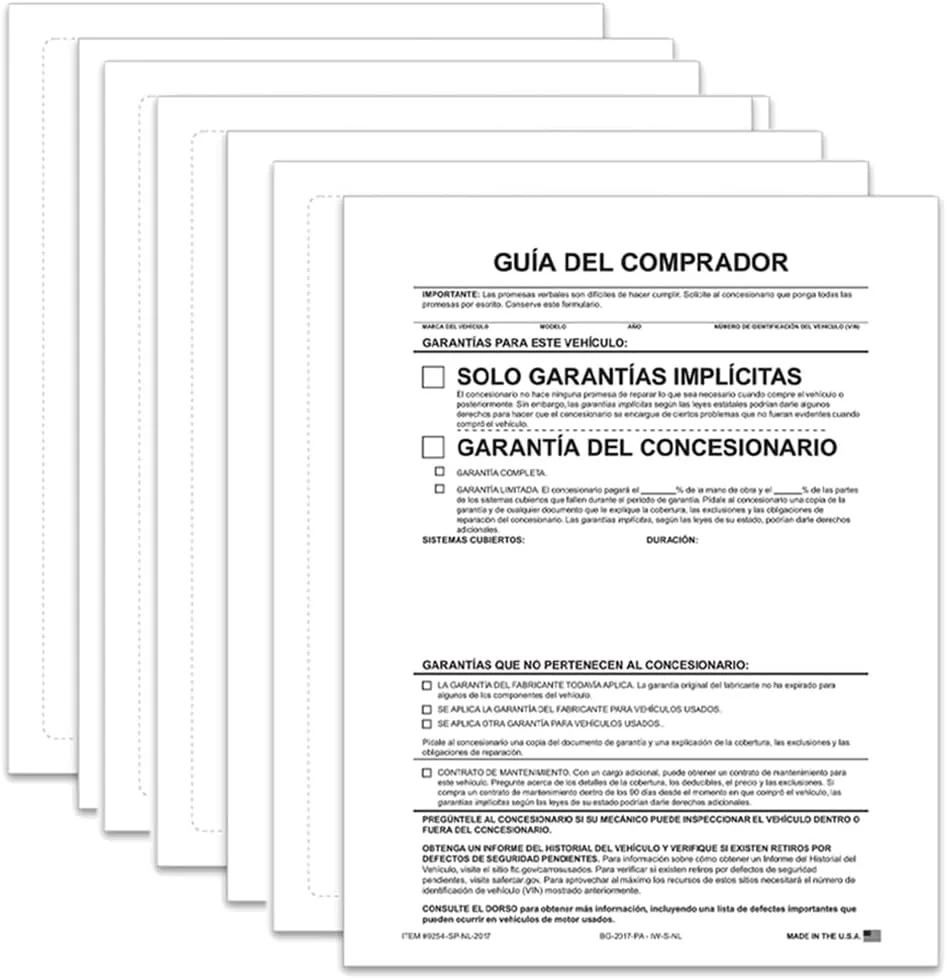 Implied Warranty Spanish No Lines Exterior Buyers Guide for Car Dealerships - 8.5"x11" 1-Part Weather-Resistant Forms FTC Regulations - Laser Compatible & Permanent Self-Adhesive 4 Sides - Pack of 200