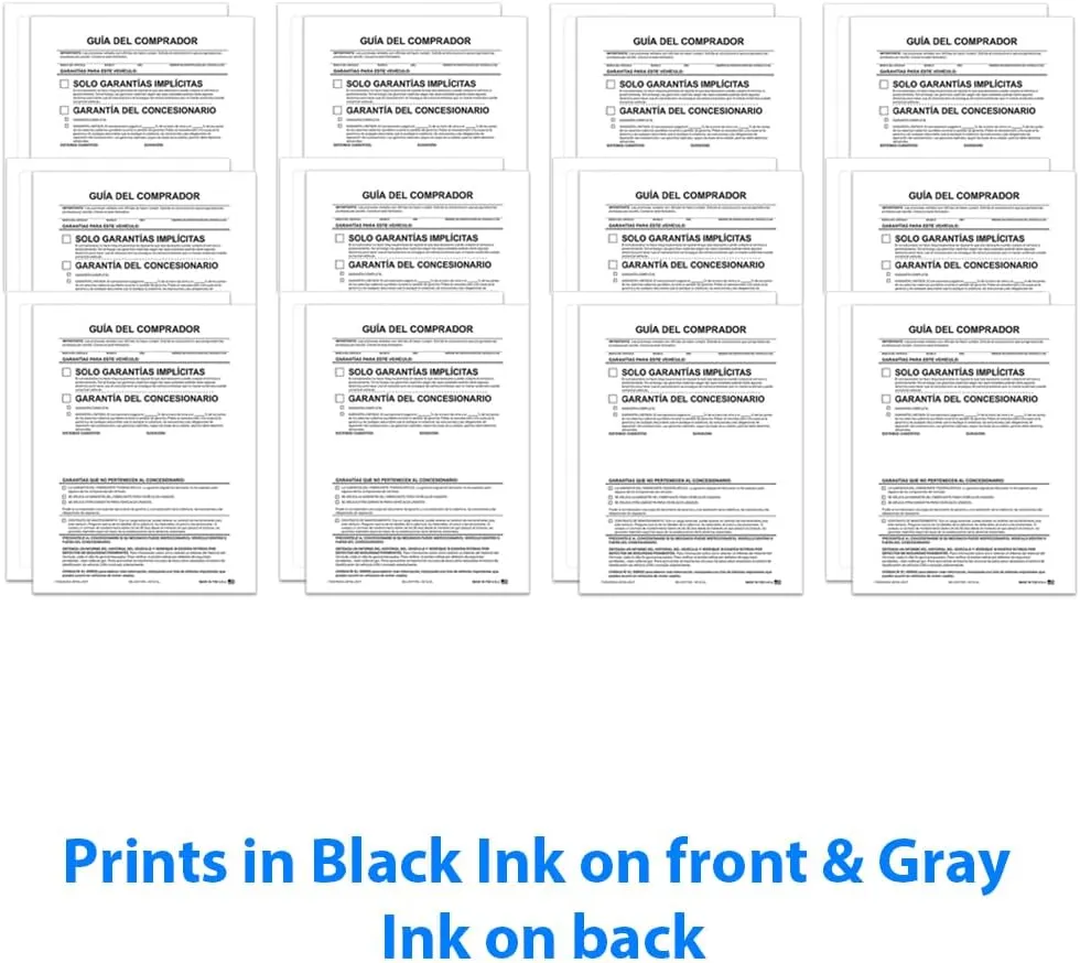 Implied Warranty Spanish No Lines Exterior Buyers Guide for Car Dealerships - 8.5"x11" 1-Part Weather-Resistant Forms FTC Regulations - Laser Compatible & Permanent Self-Adhesive 4 Sides - Pack of 200
