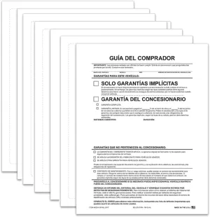 Implied Warranty Spanish No Lines Exterior Buyers Guide for Car Dealerships - 8.5"x11" 1-Part Weather-Resistant Forms FTC Regulations - Laser Compatible & Permanent Self-Adhesive 4 Sides - Pack of 200
