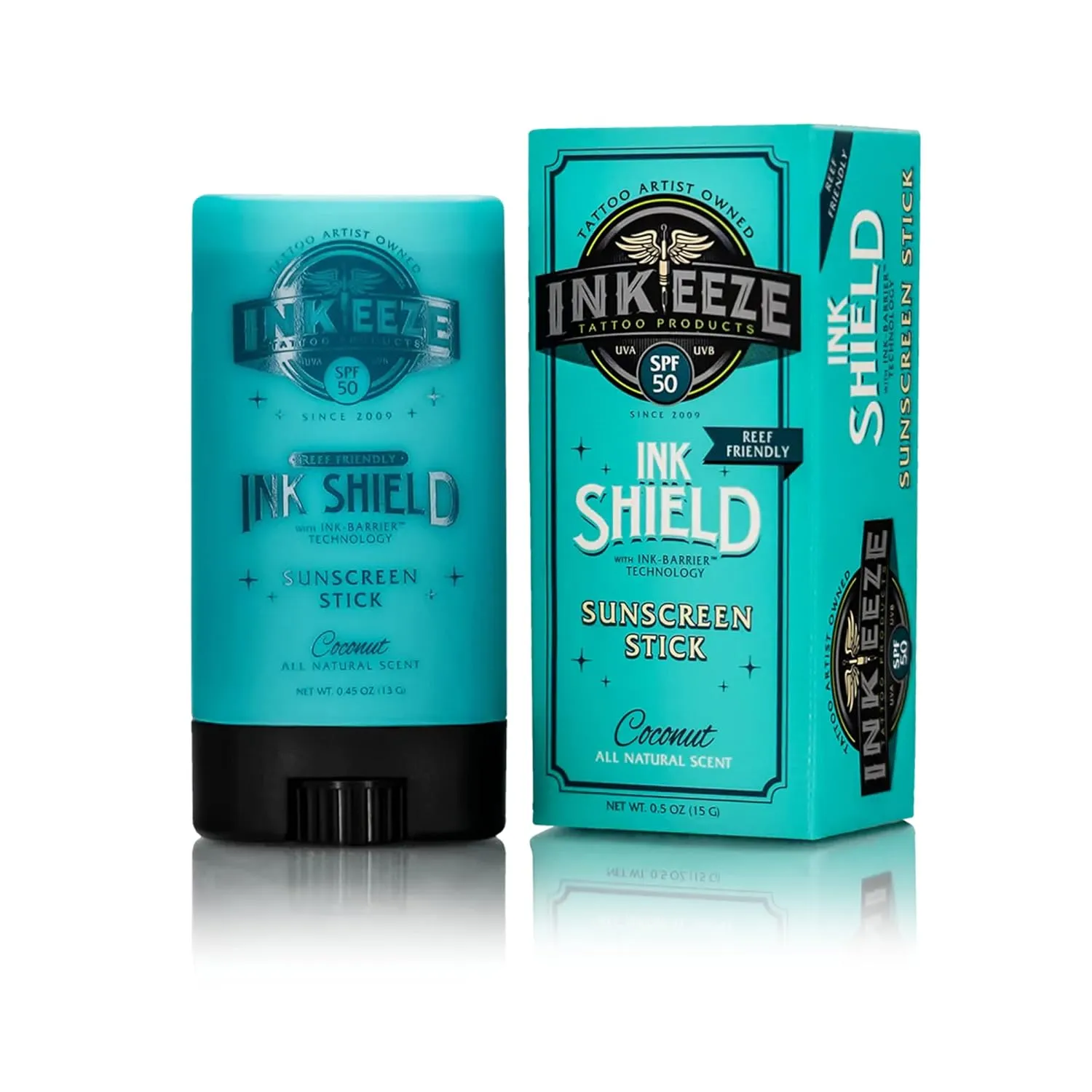 INK-EEZE Tattoo Sunscreen Stick SPF 50, Ink Shield, UVA/UVB Blocking, Dries Clear, Ozone Reef Friendly, Vegan, Made in USA, Coconut, 0.5oz Stick