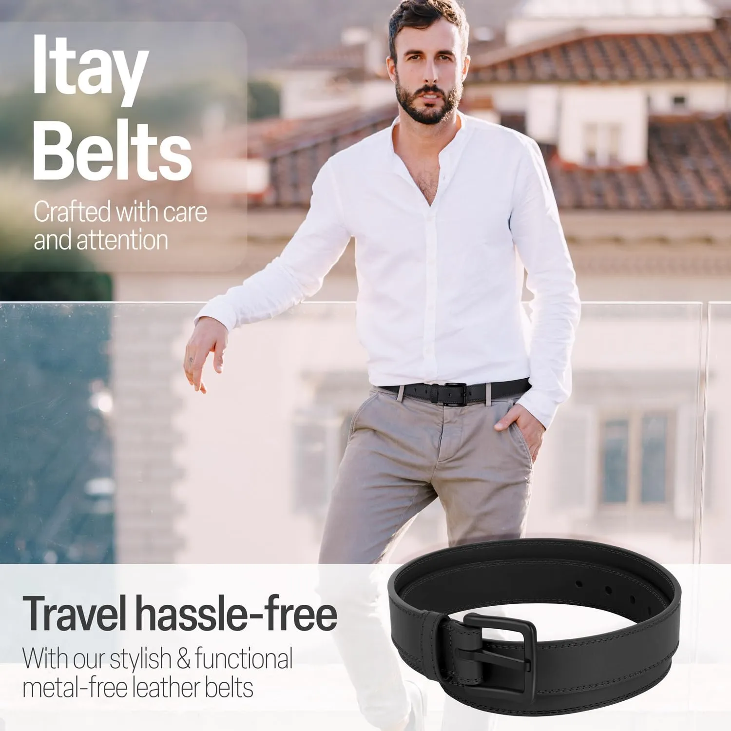 ITAY Metal Free Hypoallergenic Leather TSA Belt Strap, Sturdy Men's Adjustable Nickel Free Belt