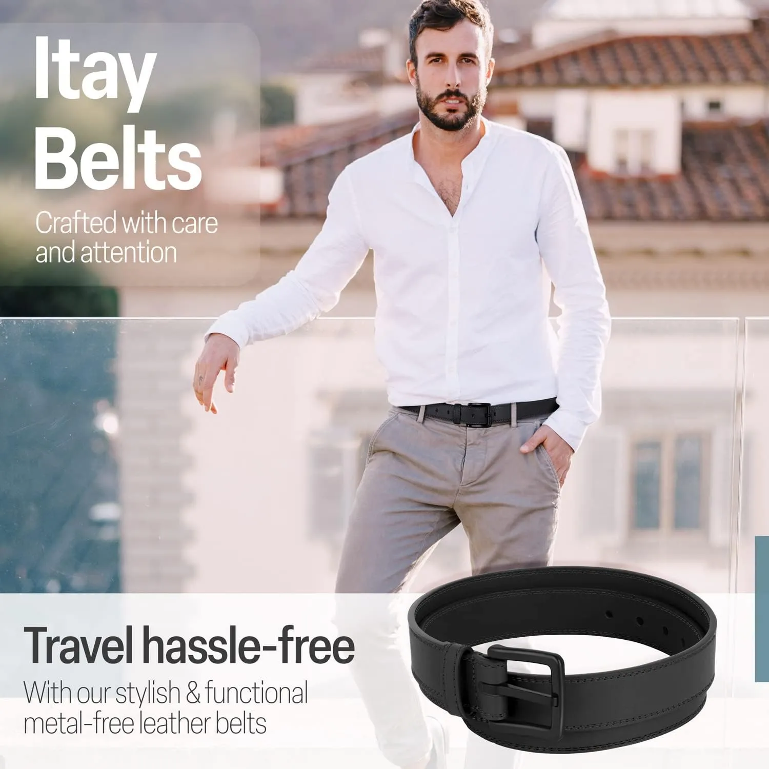 ITAY Metal Free Hypoallergenic Leather TSA Belt Strap, Sturdy Men's Adjustable Nickel Free Belt