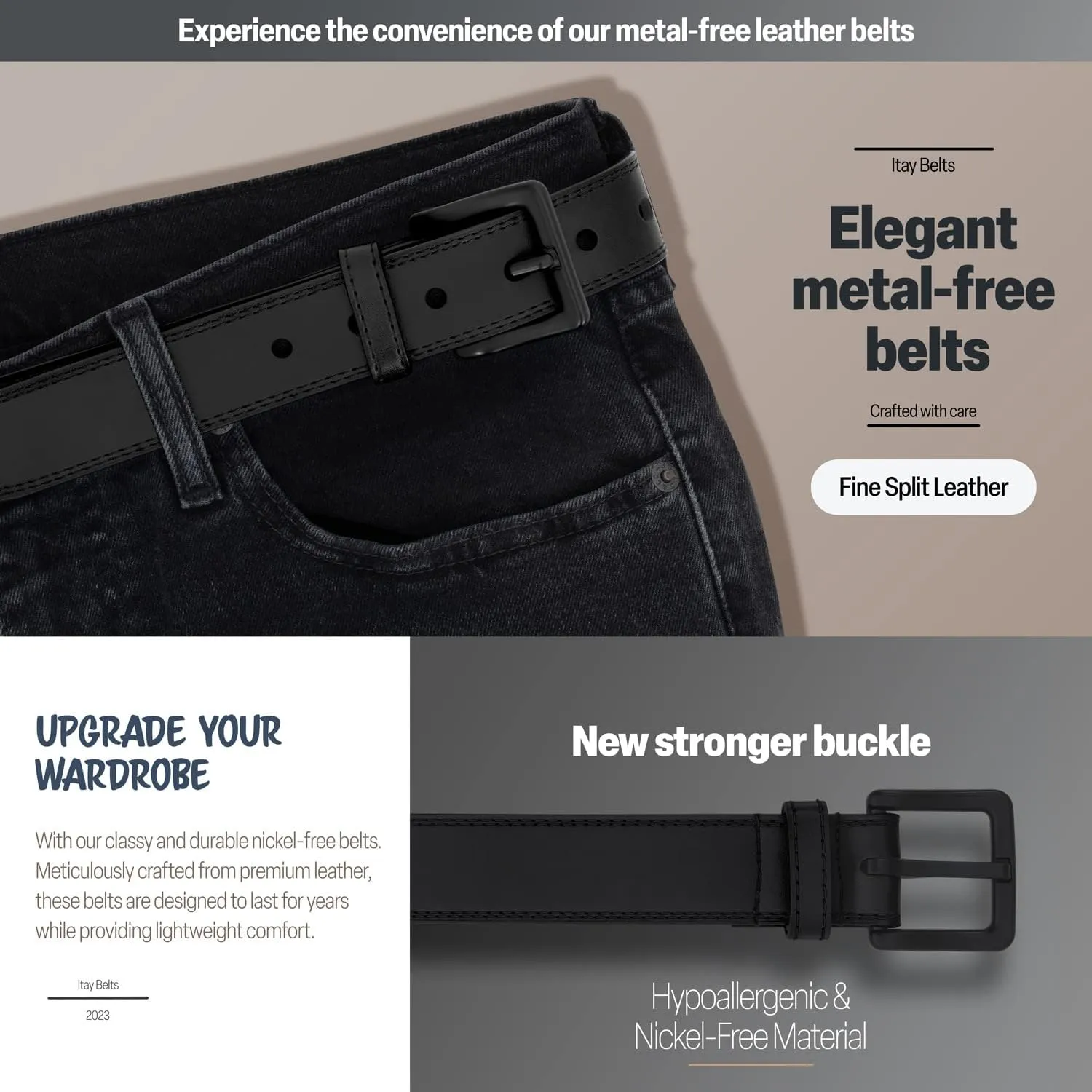 ITAY Metal Free Hypoallergenic Leather TSA Belt Strap, Sturdy Men's Adjustable Nickel Free Belt