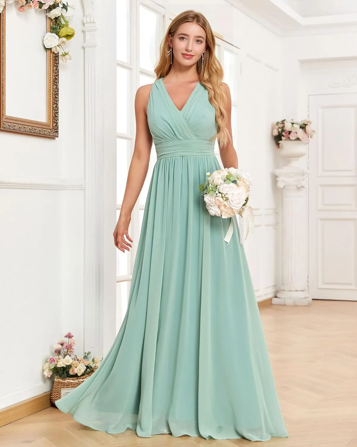 JAEDEN Bridesmaid Dresses Long V Neck 2025 - Pleat Chiffon Sleeveless Formal Evening Gowns