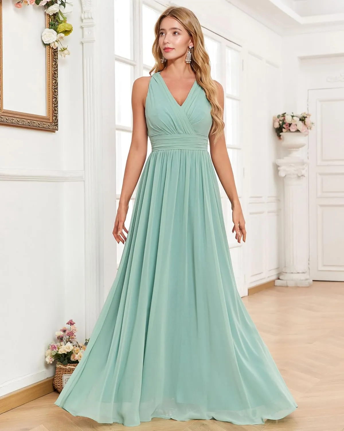 JAEDEN Bridesmaid Dresses Long V Neck 2025 - Pleat Chiffon Sleeveless Formal Evening Gowns