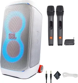 JBL PartyBox Stage 320 (White) - 240W Portable Wireless Splash Proof Speaker - 12 Hours of Playtime - Powerful Sound and deep bass   Two Microphone System   AUX Cable - Party Karaoke Kit