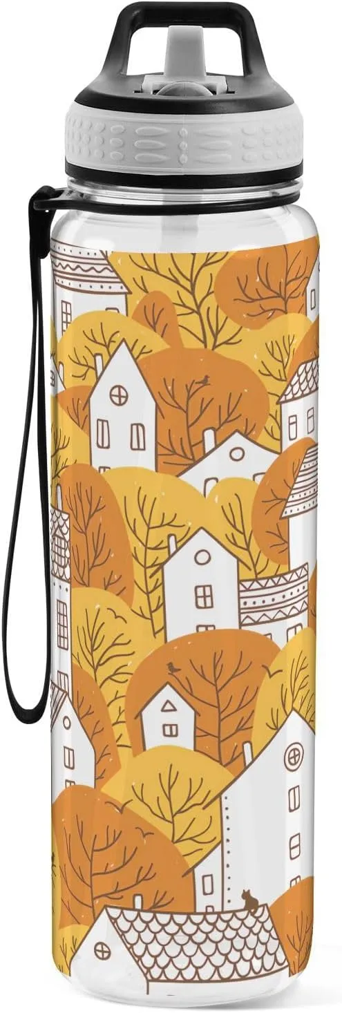 Joisal Autumn Fall City 32oz Water Bottle with Sports Cap Leakproof Sports Water Bottle with Straw