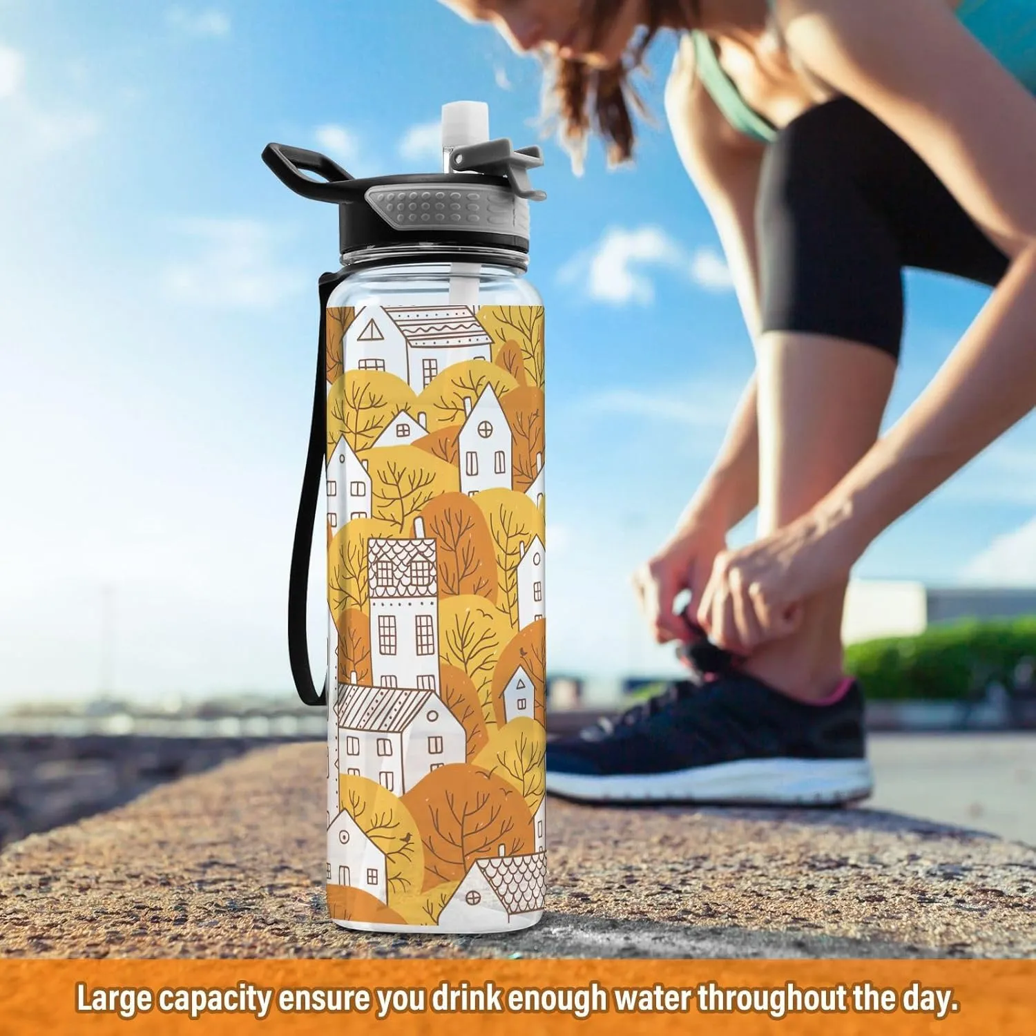 Joisal Autumn Fall City 32oz Water Bottle with Sports Cap Leakproof Sports Water Bottle with Straw