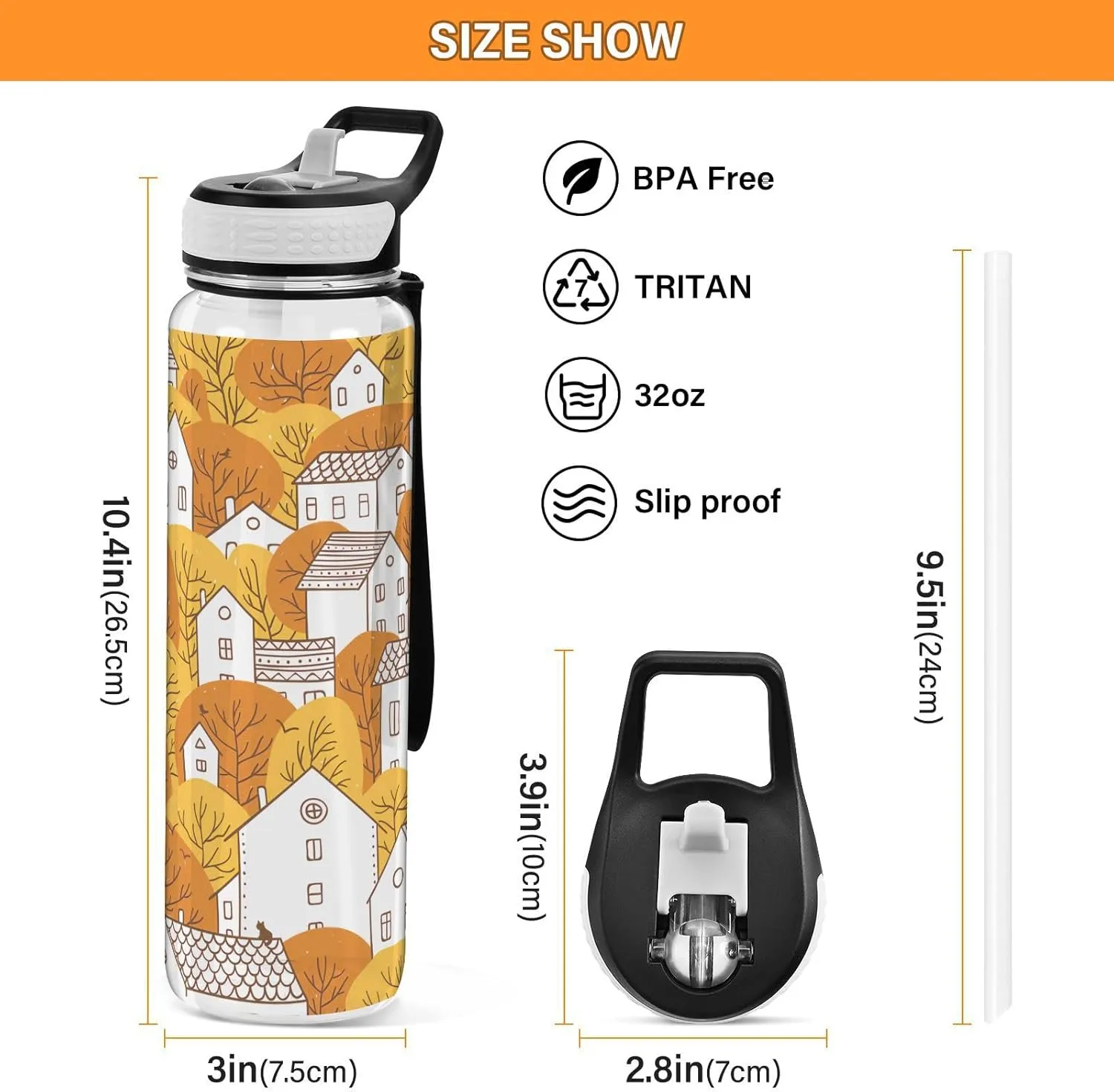 Joisal Autumn Fall City 32oz Water Bottle with Sports Cap Leakproof Sports Water Bottle with Straw