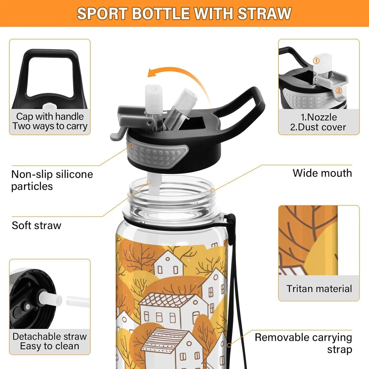 Joisal Autumn Fall City 32oz Water Bottle with Sports Cap Leakproof Sports Water Bottle with Straw