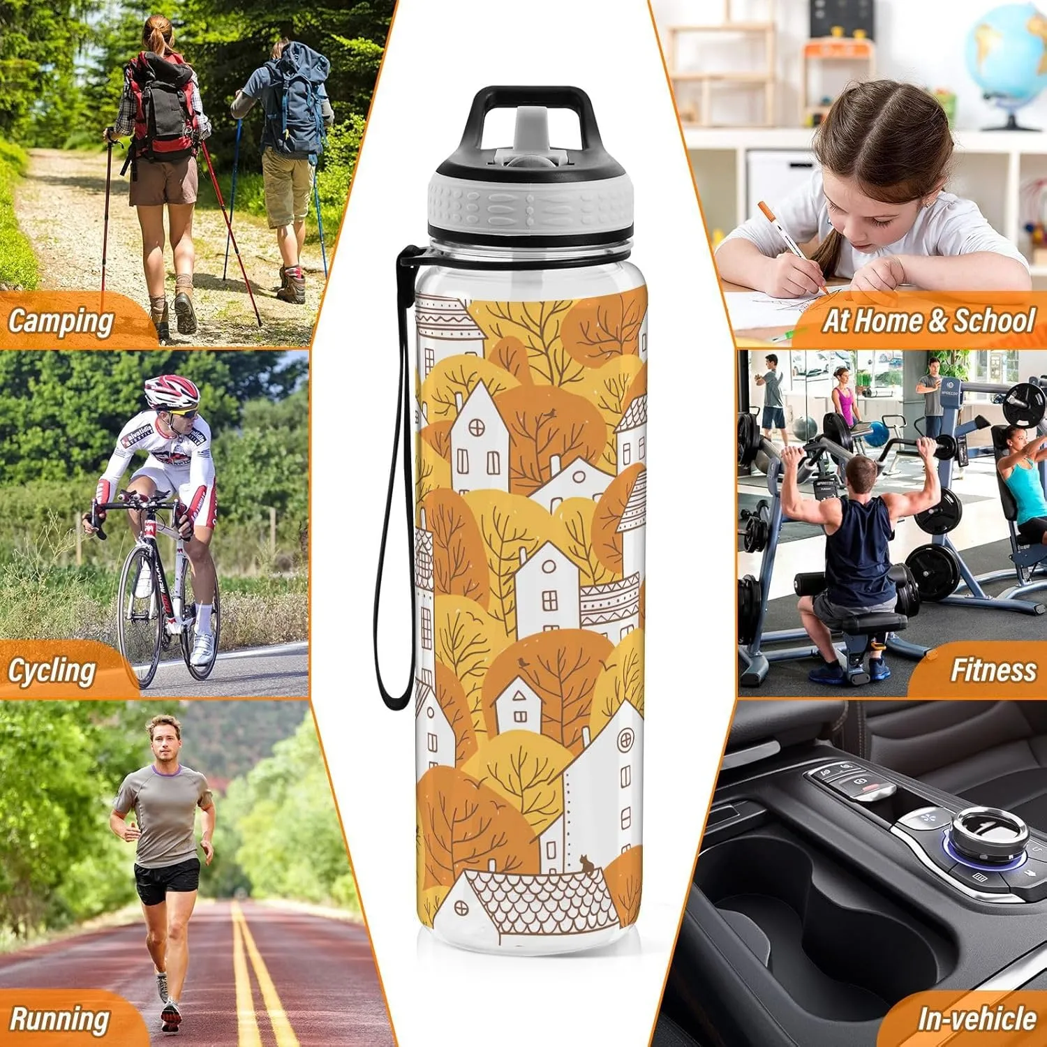 Joisal Autumn Fall City 32oz Water Bottle with Sports Cap Leakproof Sports Water Bottle with Straw