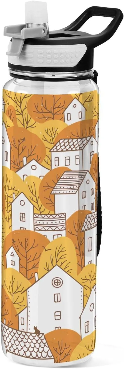 Joisal Autumn Fall City 32oz Water Bottle with Sports Cap Leakproof Sports Water Bottle with Straw