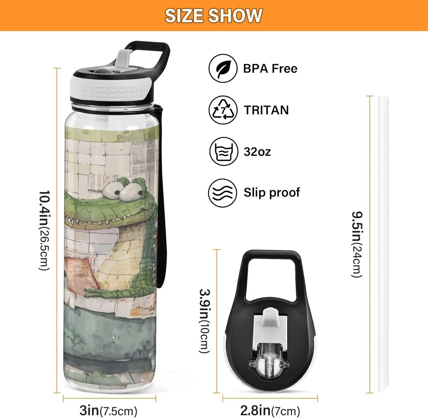 Joisal Cartoon Alligator Bath 32oz Water Bottles for Sports Leakproof Water Bottle with Handle and Straw