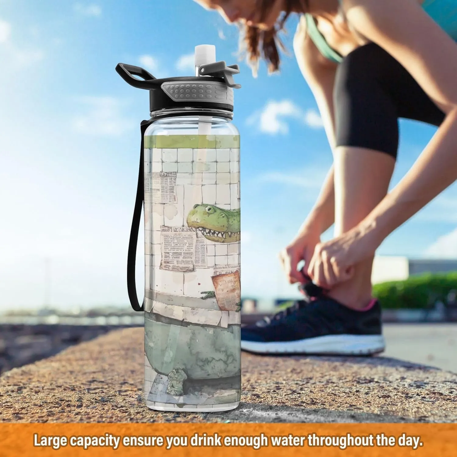 Joisal Cartoon Alligator Bath 32oz Water Bottles for Sports Leakproof Water Bottle with Handle and Straw