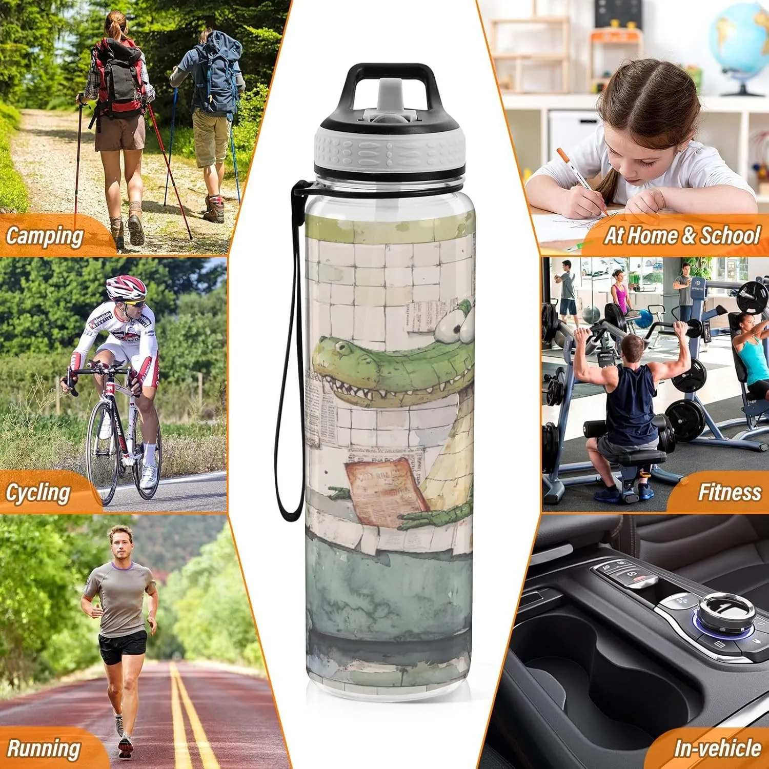 Joisal Cartoon Alligator Bath 32oz Water Bottles for Sports Leakproof Water Bottle with Handle and Straw