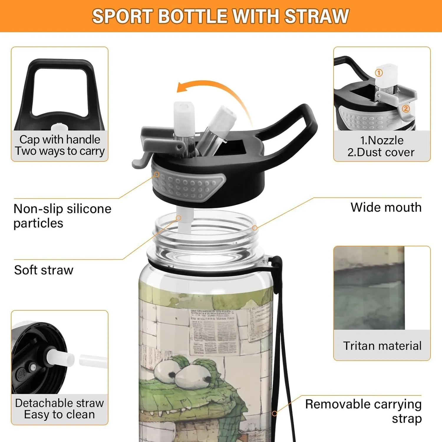 Joisal Cartoon Alligator Bath 32oz Water Bottles for Sports Leakproof Water Bottle with Handle and Straw