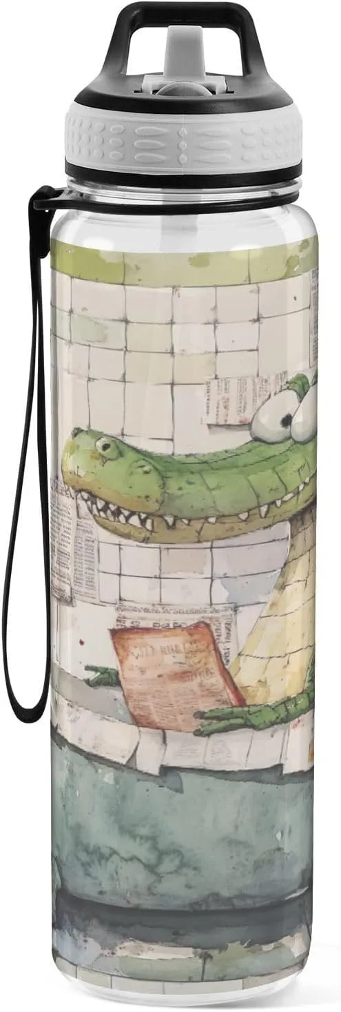 Joisal Cartoon Alligator Bath 32oz Water Bottles for Sports Leakproof Water Bottle with Handle and Straw