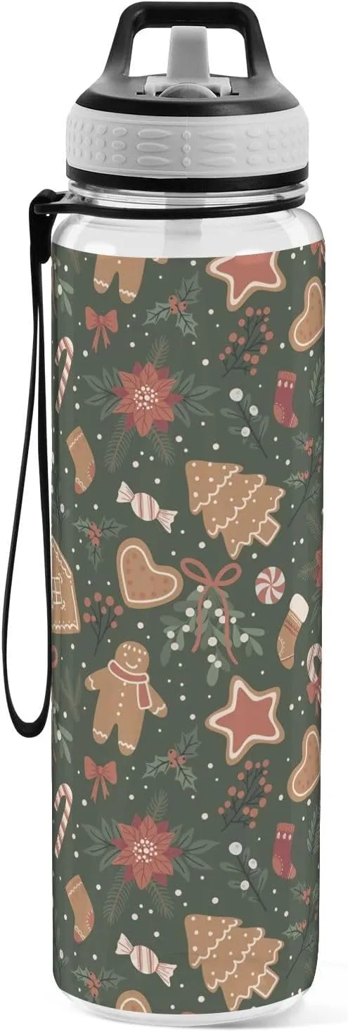 Joisal Christmas Cookies Candy Canes 32 Oz Clear Water Bottles with Straw BPA-Free Reusable Sports Water Bottle