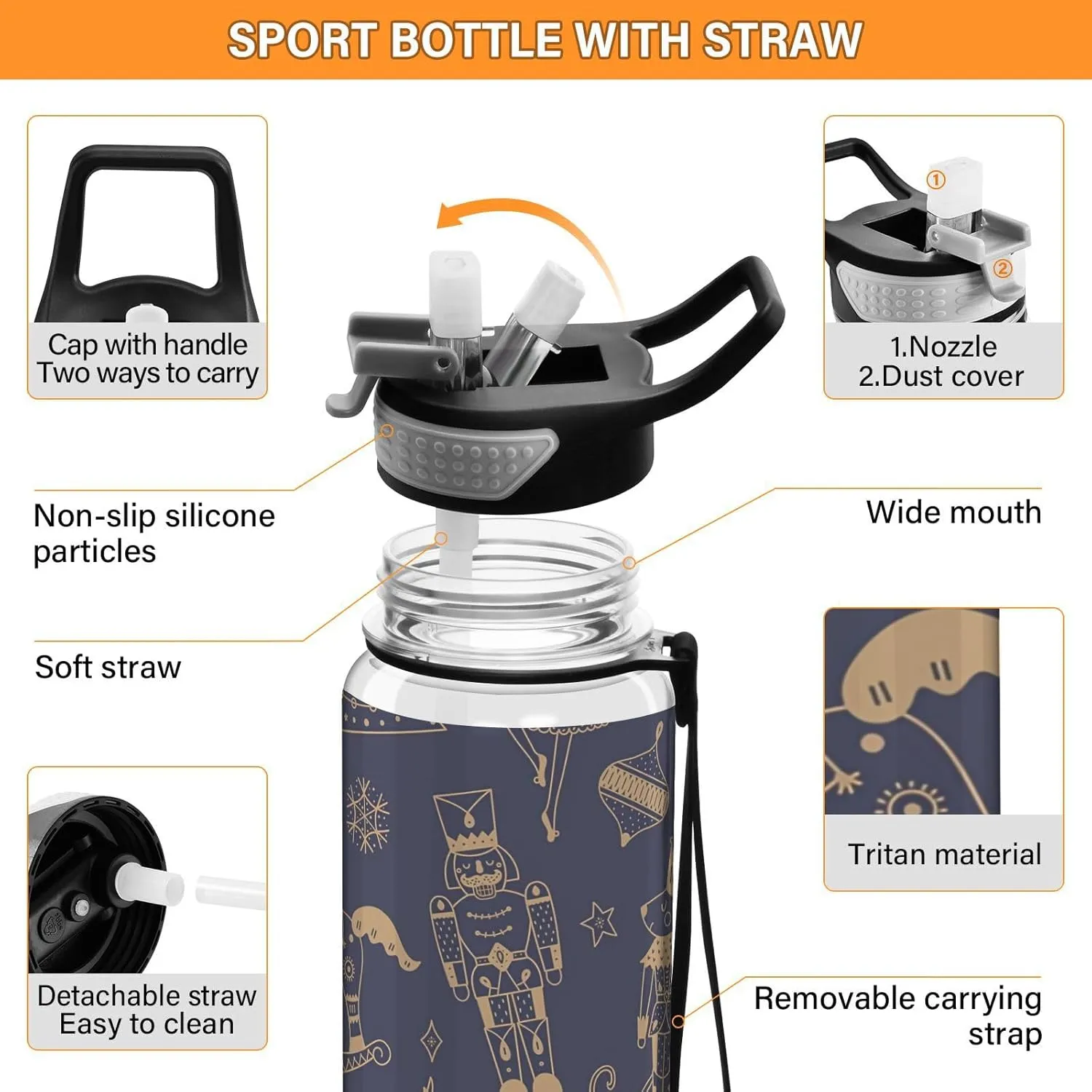 Joisal Cute Gold Christmas Nutcracker 32 Oz Slim Water Bottle with Straw Leakproof Reusable Water Bottle for Outdoor Sports
