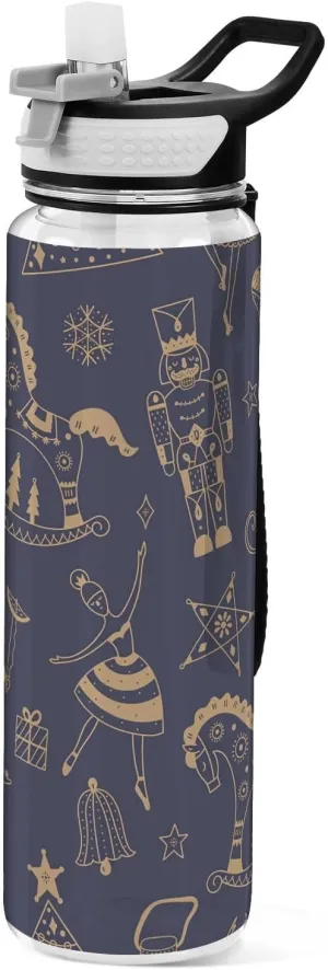 Joisal Cute Gold Christmas Nutcracker 32 Oz Slim Water Bottle with Straw Leakproof Reusable Water Bottle for Outdoor Sports