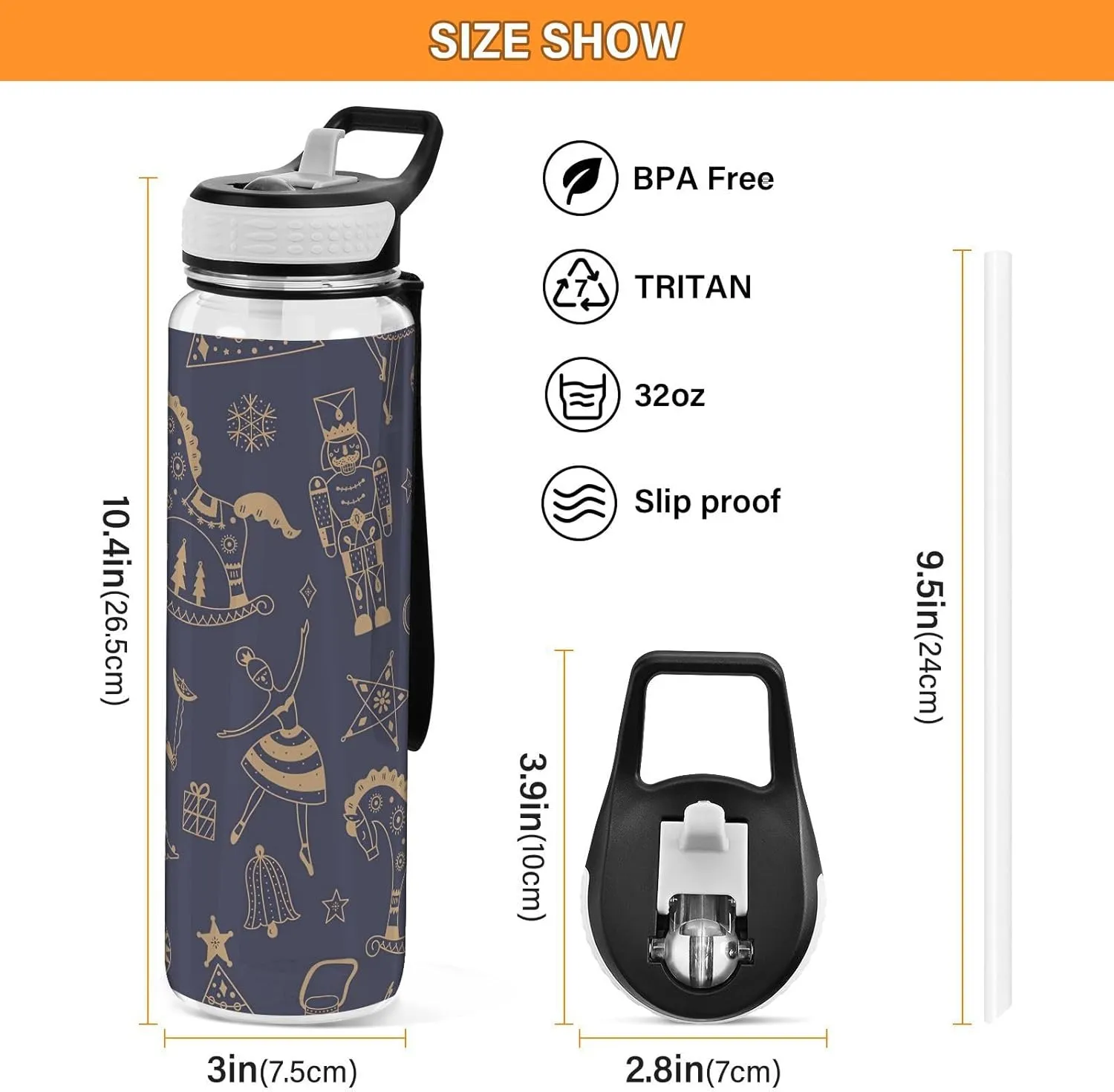 Joisal Cute Gold Christmas Nutcracker 32 Oz Slim Water Bottle with Straw Leakproof Reusable Water Bottle for Outdoor Sports