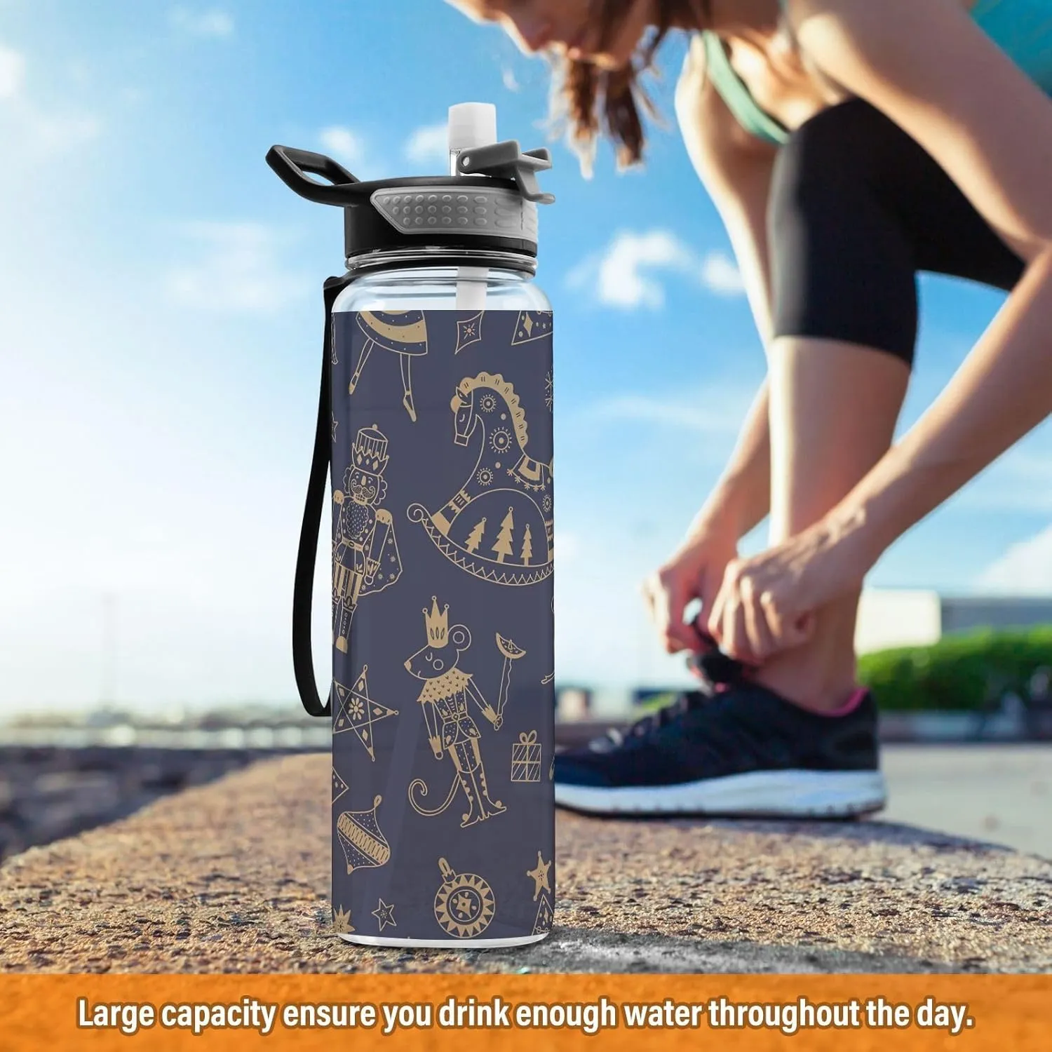 Joisal Cute Gold Christmas Nutcracker 32 Oz Slim Water Bottle with Straw Leakproof Reusable Water Bottle for Outdoor Sports
