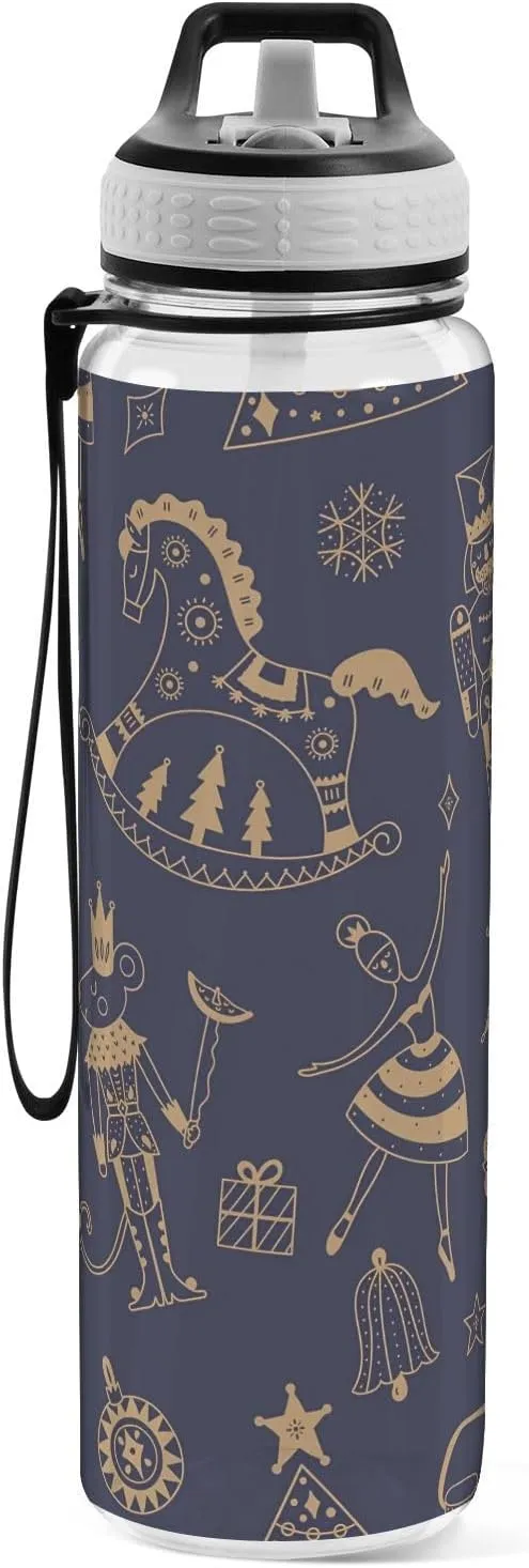 Joisal Cute Gold Christmas Nutcracker 32 Oz Slim Water Bottle with Straw Leakproof Reusable Water Bottle for Outdoor Sports
