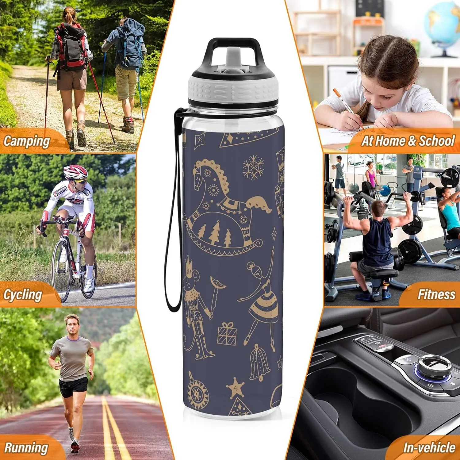 Joisal Cute Gold Christmas Nutcracker 32 Oz Slim Water Bottle with Straw Leakproof Reusable Water Bottle for Outdoor Sports