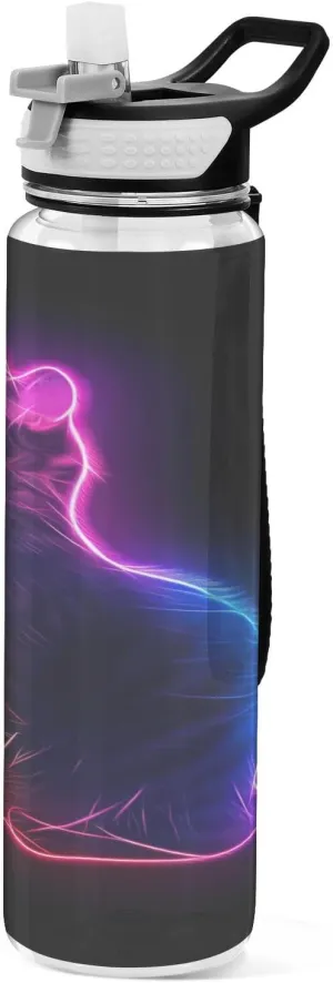 Joisal Neon Cat Water Bottles 32 Oz with Straw Leakproof Personalized Water Bottles for Sports, Cycling, Bike