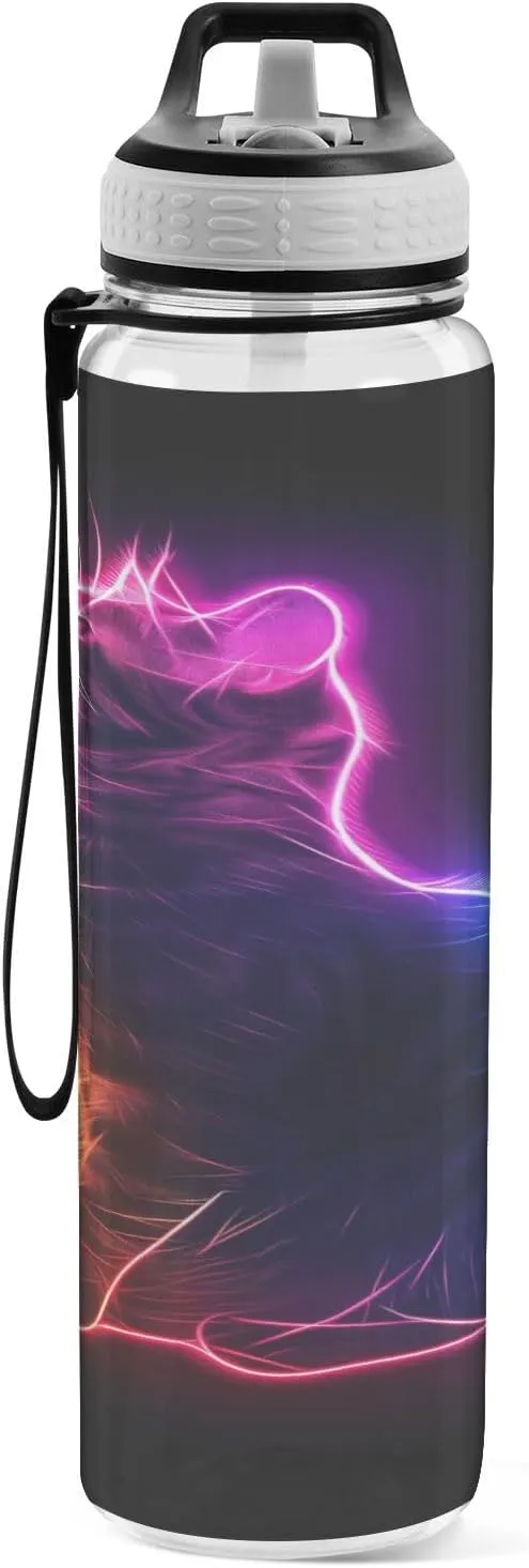 Joisal Neon Cat Water Bottles 32 Oz with Straw Leakproof Personalized Water Bottles for Sports, Cycling, Bike