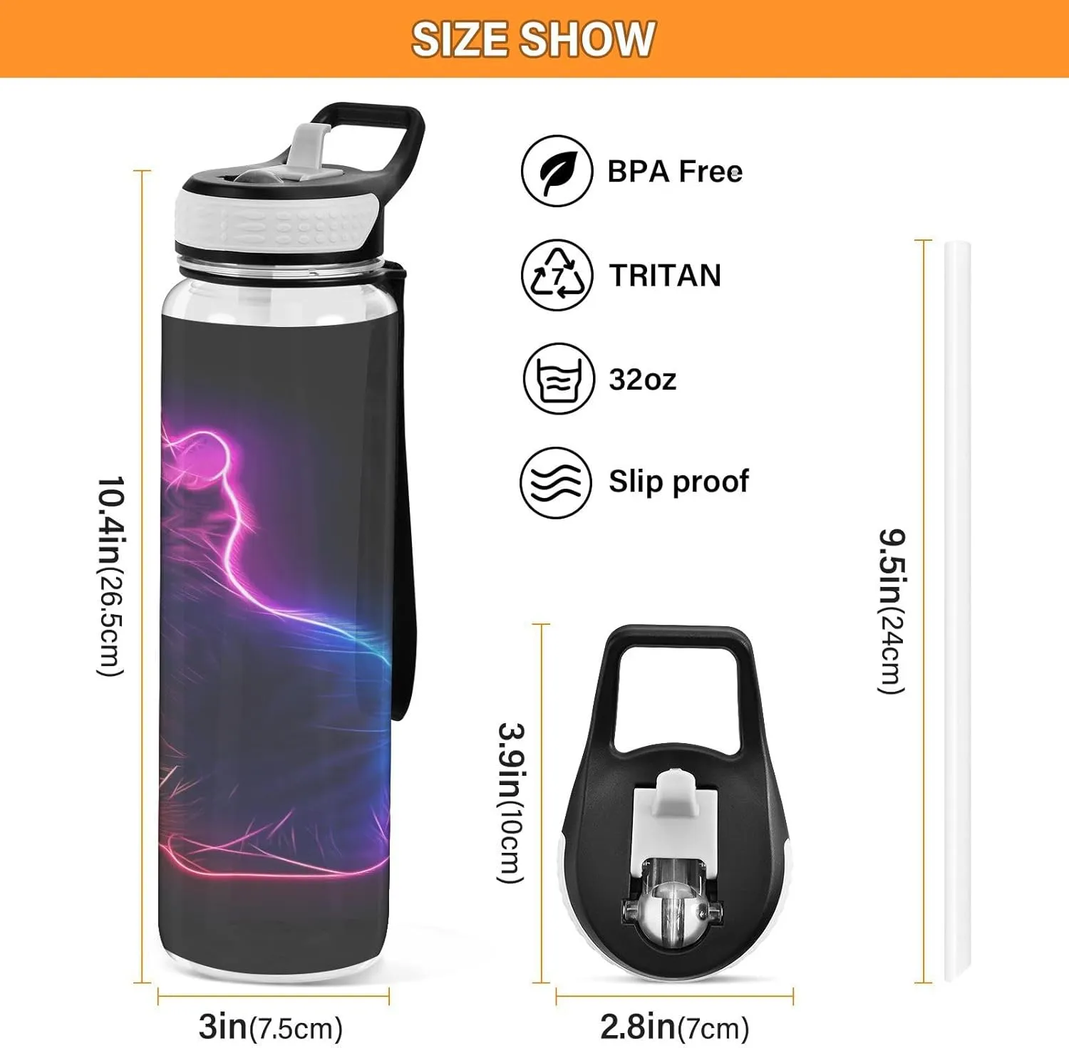 Joisal Neon Cat Water Bottles 32 Oz with Straw Leakproof Personalized Water Bottles for Sports, Cycling, Bike