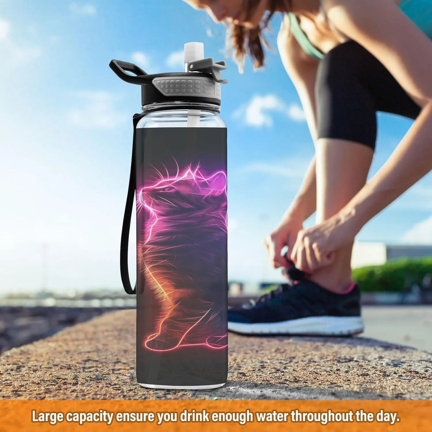 Joisal Neon Cat Water Bottles 32 Oz with Straw Leakproof Personalized Water Bottles for Sports, Cycling, Bike