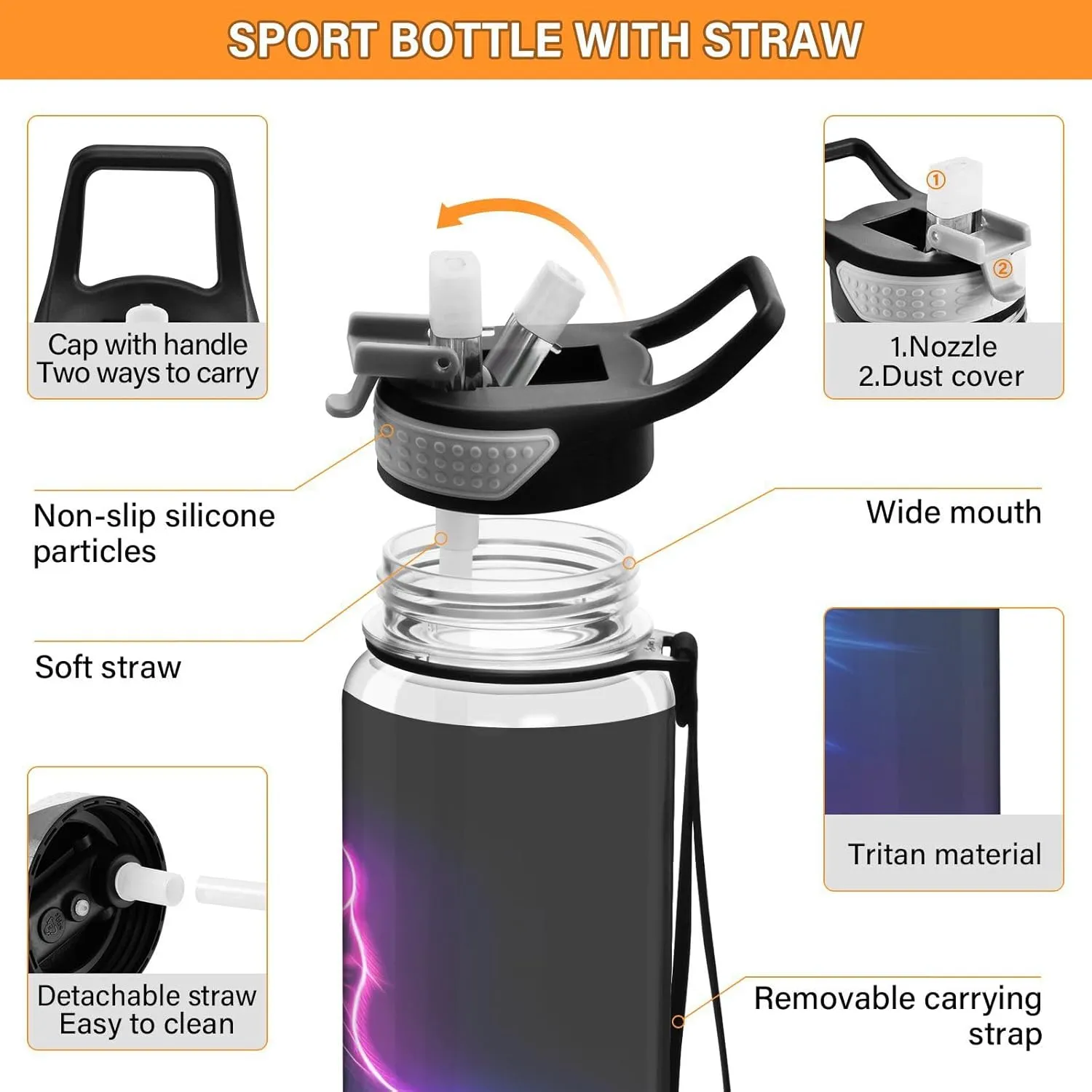 Joisal Neon Cat Water Bottles 32 Oz with Straw Leakproof Personalized Water Bottles for Sports, Cycling, Bike