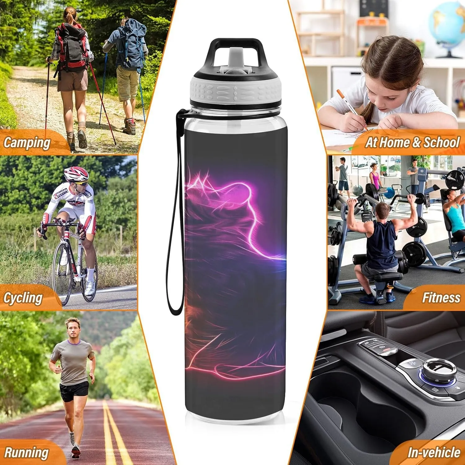 Joisal Neon Cat Water Bottles 32 Oz with Straw Leakproof Personalized Water Bottles for Sports, Cycling, Bike