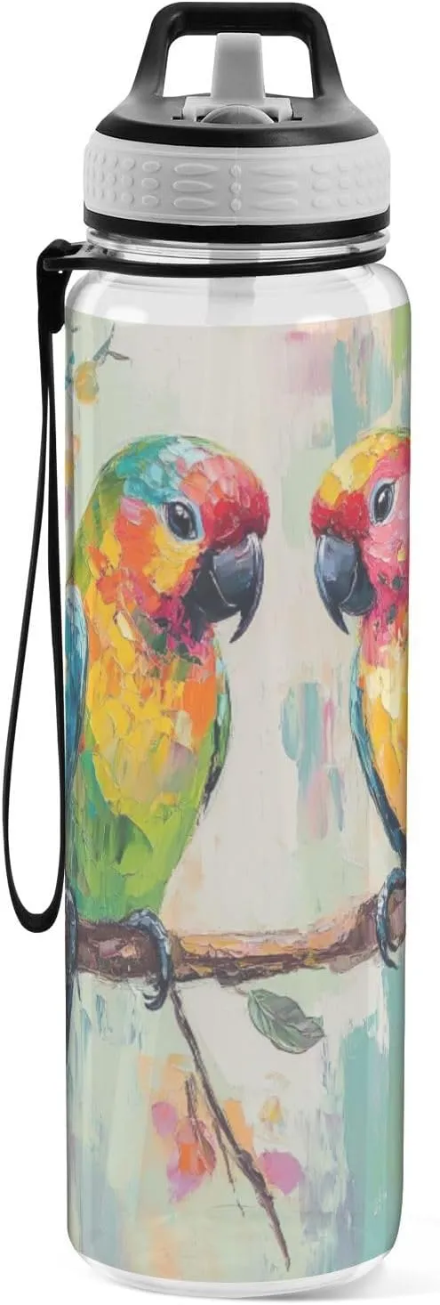 Joisal Parrots Branch Flowers 32 Oz Water Bottle Straw Lid Leakproof Sports Water Bottles
