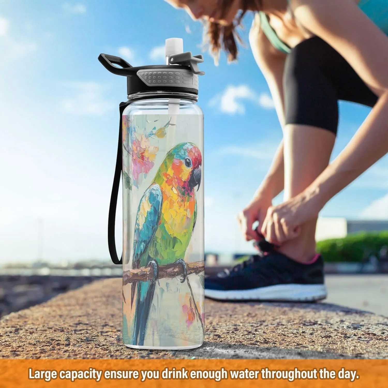 Joisal Parrots Branch Flowers 32 Oz Water Bottle Straw Lid Leakproof Sports Water Bottles