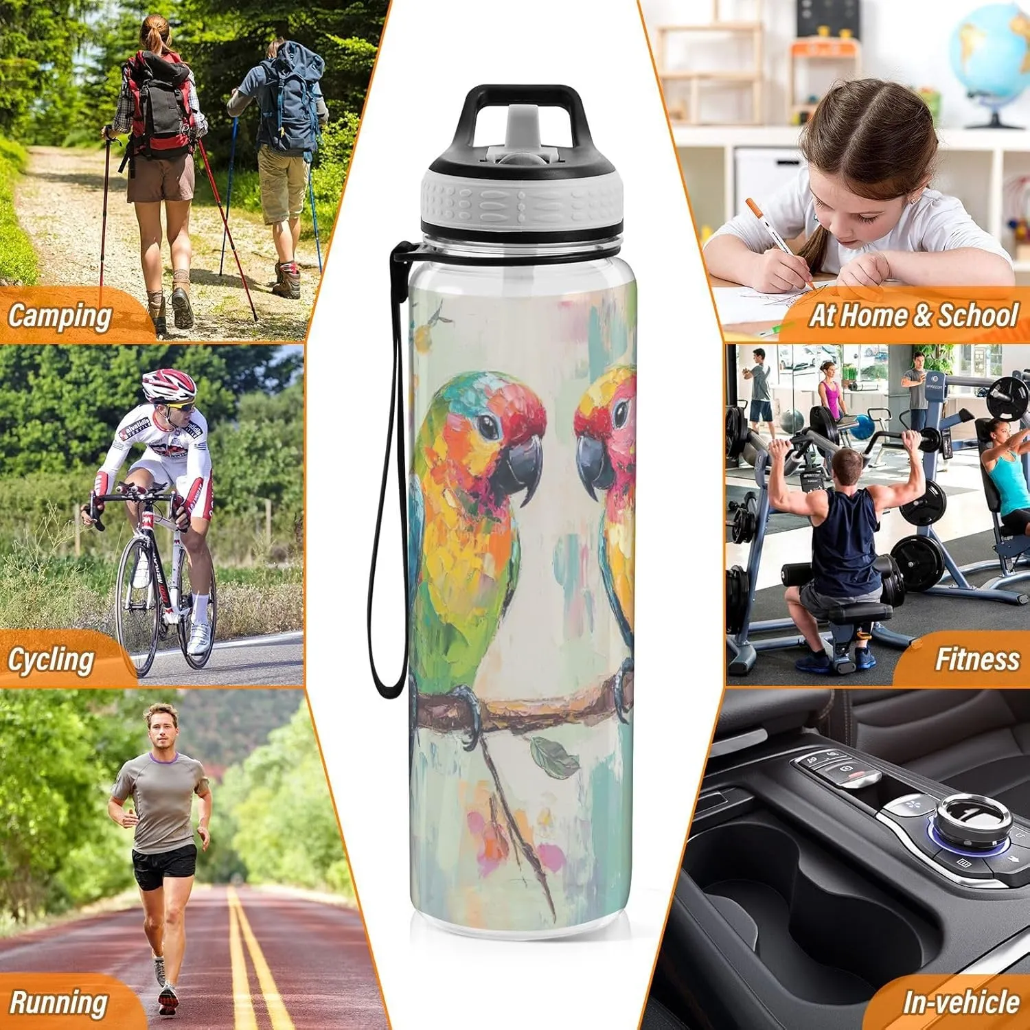 Joisal Parrots Branch Flowers 32 Oz Water Bottle Straw Lid Leakproof Sports Water Bottles