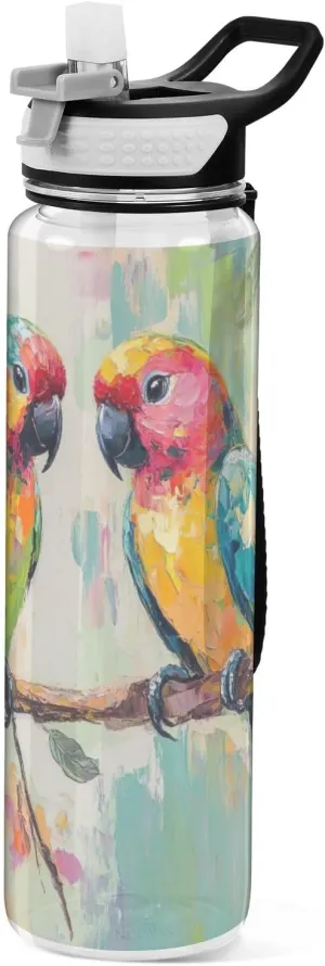Joisal Parrots Branch Flowers 32 Oz Water Bottle Straw Lid Leakproof Sports Water Bottles