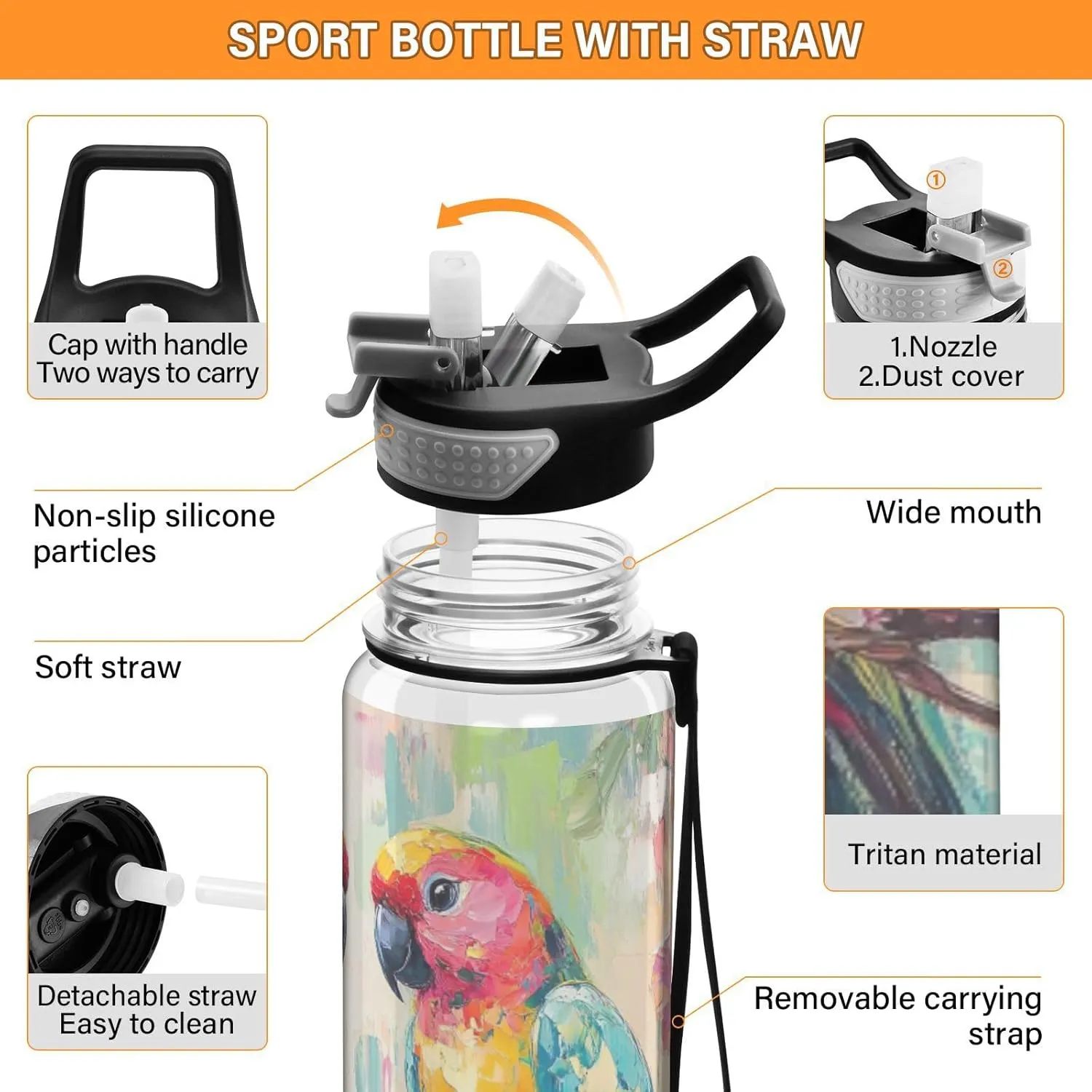 Joisal Parrots Branch Flowers 32 Oz Water Bottle Straw Lid Leakproof Sports Water Bottles