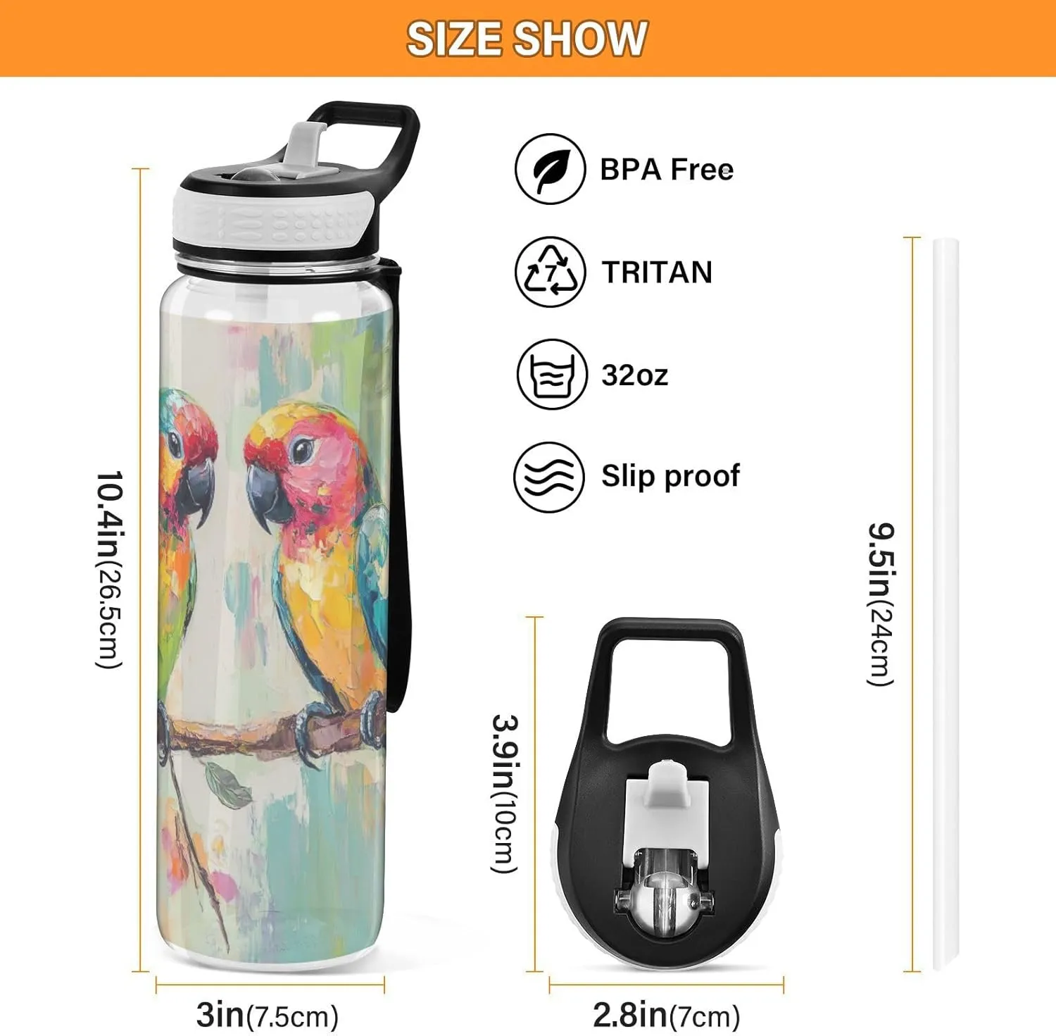 Joisal Parrots Branch Flowers 32 Oz Water Bottle Straw Lid Leakproof Sports Water Bottles