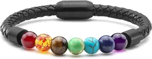 Jovivi Natural 7 Chakra Stones Tiger Eye Beads Bracelet Crystal Healing Anxiety for Men Women Genuine Leather Cuff Bracelets Stainless Steel Buckle