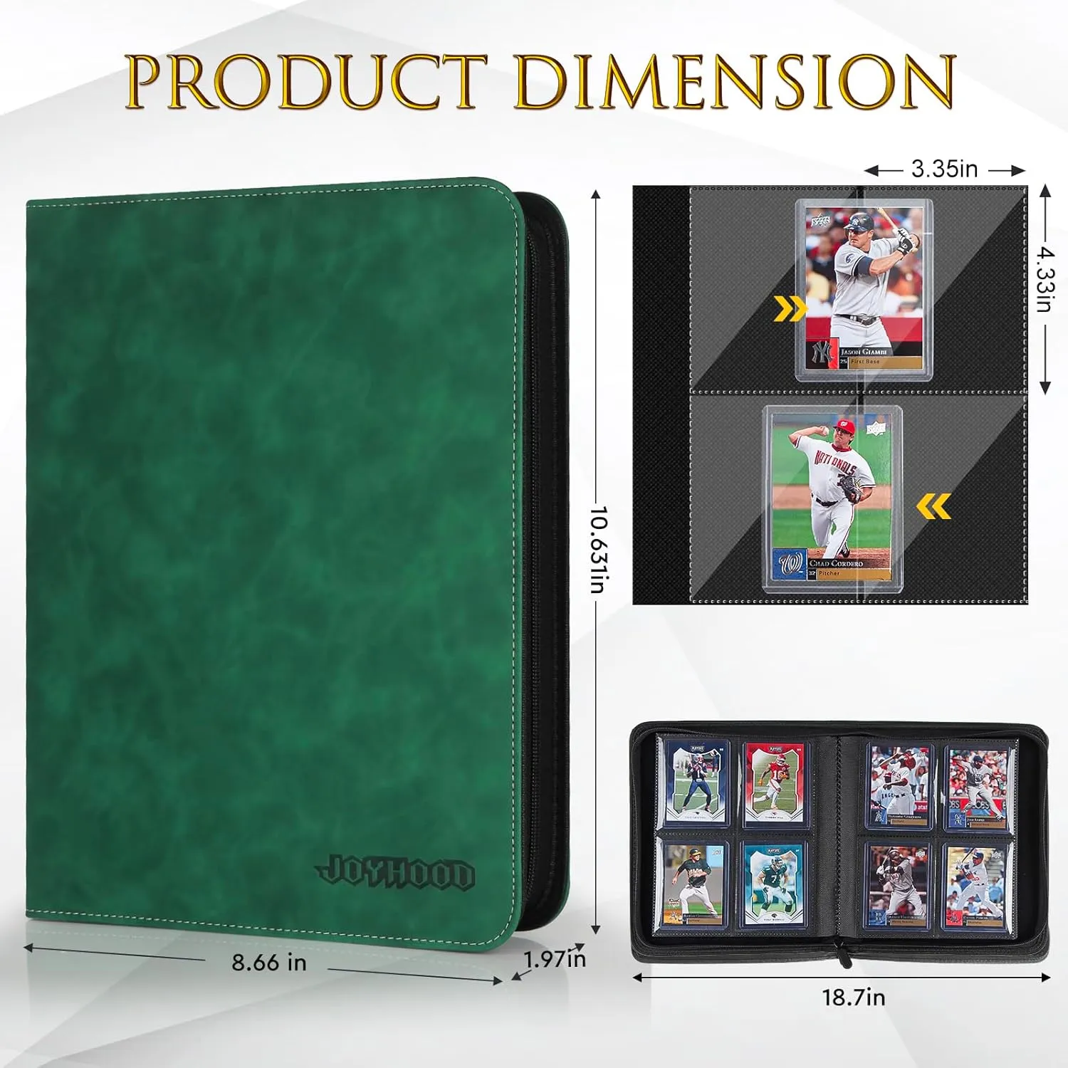 JoyHood Top Loader Binder, Holds 112 Top Loaders, 4 Slot Trading Cards Collection Binder with Sleeves, Top Loader Storage Holder for Sports Card, Not for Cards WITHOUT a Top Loader, Dark Green