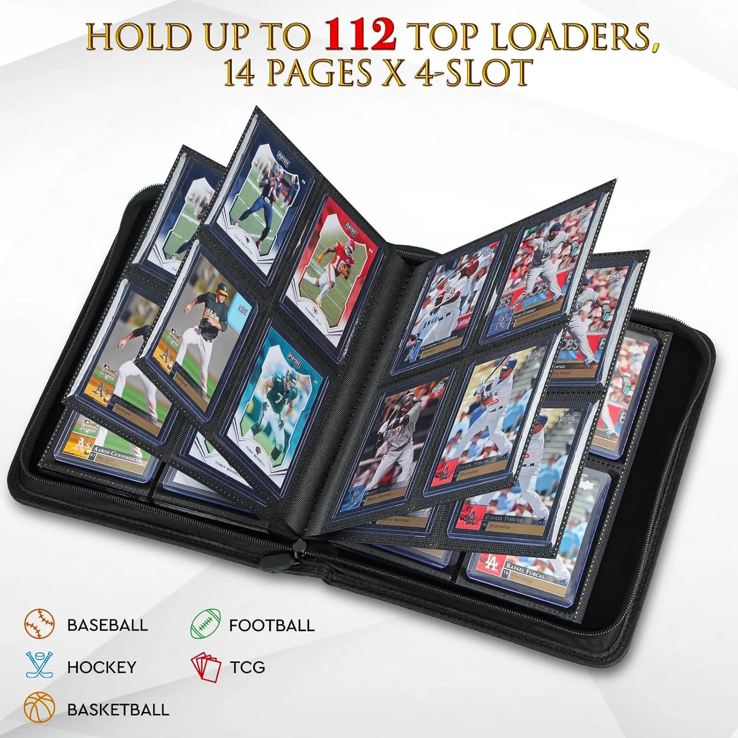 JoyHood Top Loader Binder, Holds 112 Top Loaders, 4 Slot Trading Cards Collection Binder with Sleeves, Top Loader Storage Holder for Sports Card, Not for Cards WITHOUT a Top Loader, Dark Green