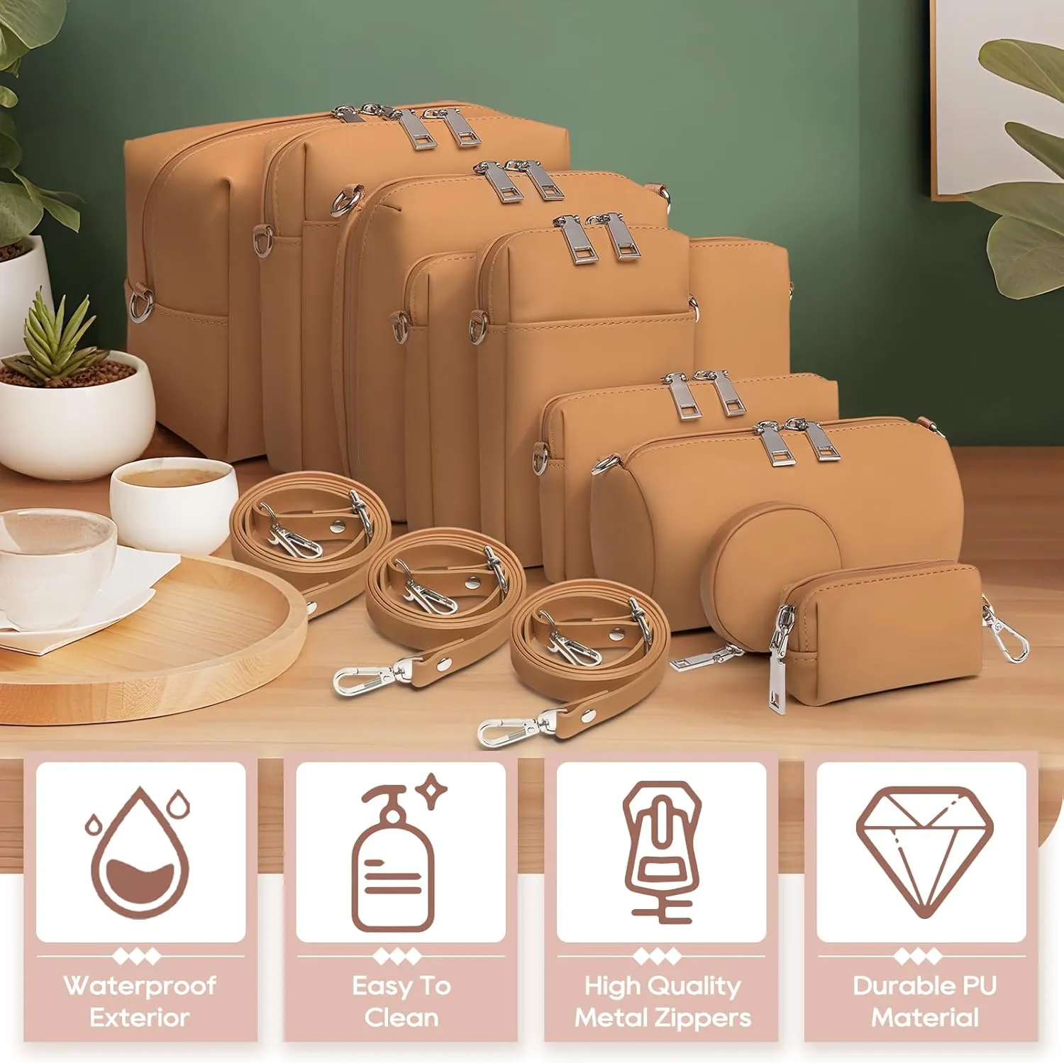 Joyway Travel Makeup Bag Sets,Large Capacity Cosmetic Bags for Women,Waterproof Portable Pouch Open Flat Toiletry Bag Make up Organizer with Divider and Handle can be fitted with suspenders(Brown)