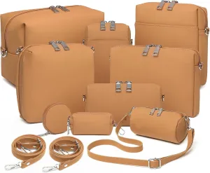 Joyway Travel Makeup Bag Sets,Large Capacity Cosmetic Bags for Women,Waterproof Portable Pouch Open Flat Toiletry Bag Make up Organizer with Divider and Handle can be fitted with suspenders(Brown)