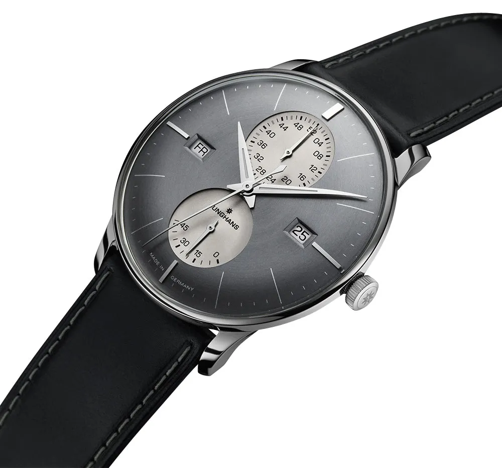 Junghans Meister Agenda Automatic Stainless Steel Gray Dial Black Leather Strap Day/Date/Week Power Reserve Mens Watch 27/4567.01