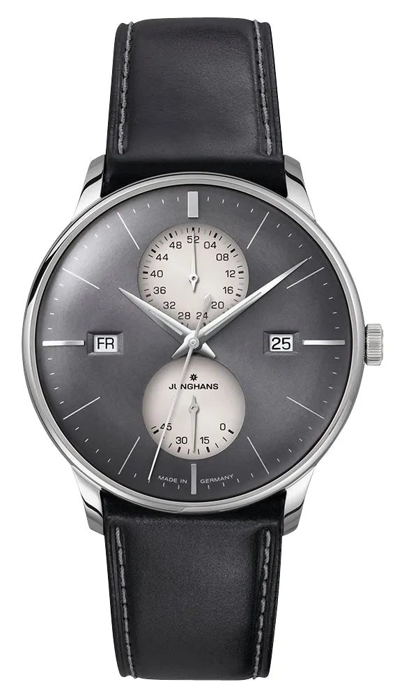 Junghans Meister Agenda Automatic Stainless Steel Gray Dial Black Leather Strap Day/Date/Week Power Reserve Mens Watch 27/4567.01